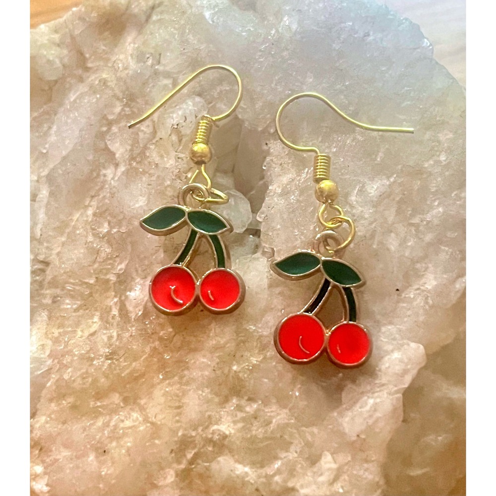 Classic 14K Gold Plated Red Cherries Dangle Earrings-Gift Glam Chic Pop Art -New